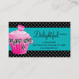Bakery Business Card Zebra Dots Blue Pink Cupcake