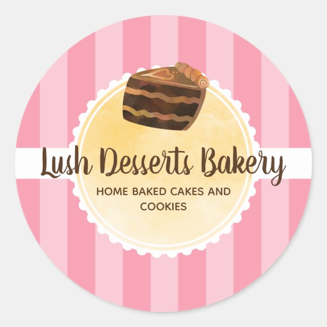 Bakery Business Pink Yellow Cake Packaging Classic Round Sticker (Front)