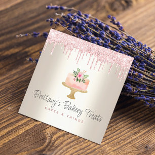 Bakery Cake Blush Pink Glitter Drips Dessert Gold Square Business Card