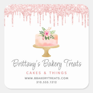 Bakery Cake Blush Pink Glitter Drips Pastry Chef Square Sticker