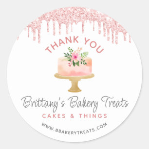 Bakery Cake Blush Pink Glitter Drips Thank You Classic Round Sticker