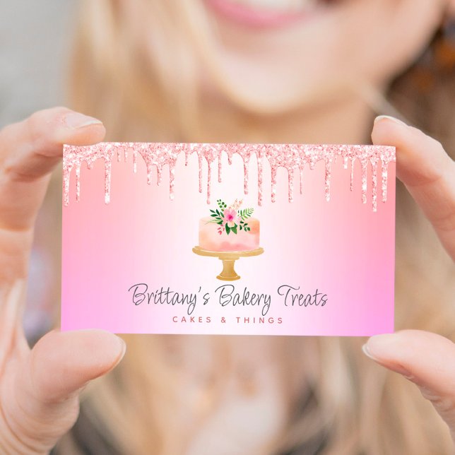 Bakery Cake Blush Pink Orange Ombre Glitter Drips Business Card (Creator Uploaded)