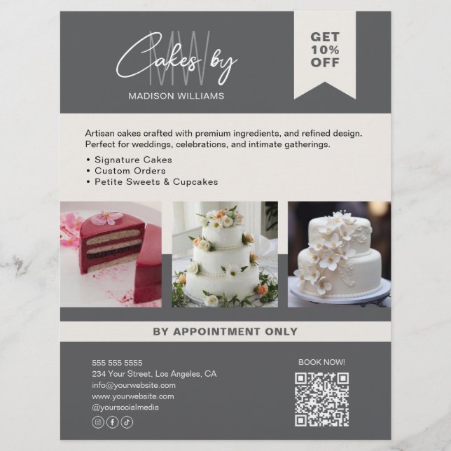 Bakery Cake Custom Monogram Logo Grey Business Flyer (Front)