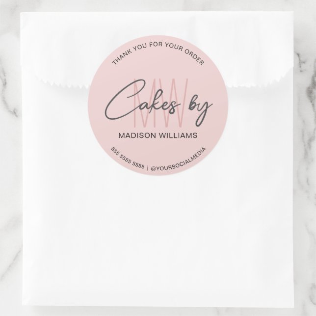 Bakery Cake Custom Monogram Logo Pink Classic Round Sticker (Bag)