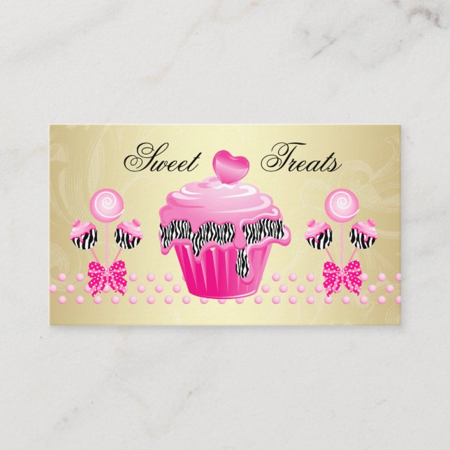 Bakery Cake Pops Cupcake Pink Gold Zebra  Business Card (Front)