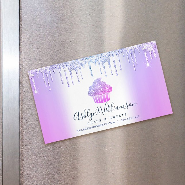 Bakery Chef Cupcake Purple Blue Chic Glitter Drips Magnetic Business Card (Creator Uploaded)
