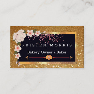 Bakery Chef Whisk Logo Floral Gold Glitter Business Card