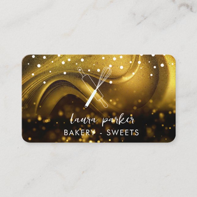 Bakery Chef with Whisk Rolling Pin Gold Glitter Business Card (Front)