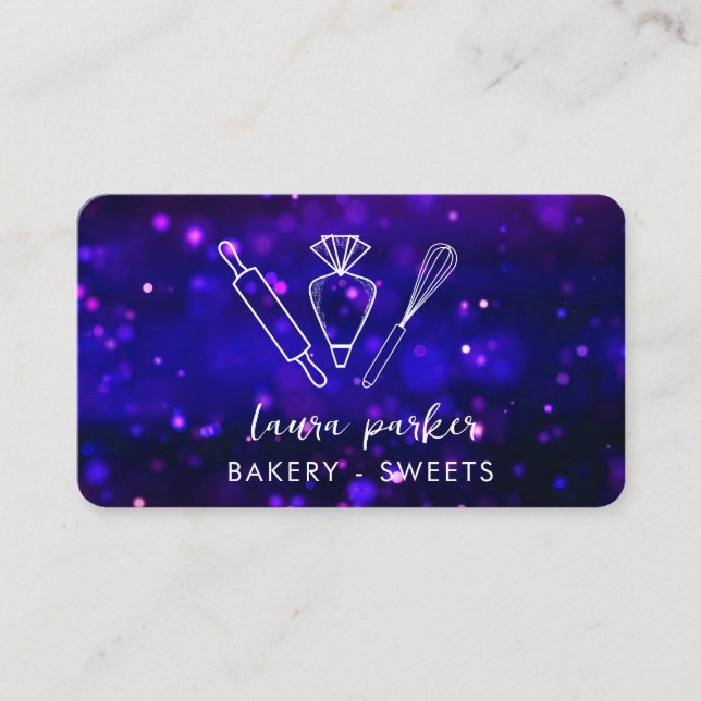 Bakery Chef with Whisk Rolling Pin Piping Bag Blue Business Card (Front)