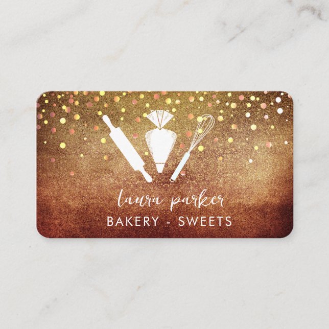 Bakery Chef with Whisk Rolling Pin Piping Bag Gold Business Card (Front)
