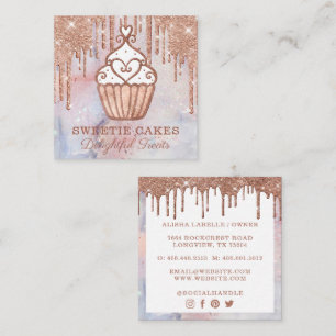 Bakery Cupcake Glitter Rose Gold Pink Drips Square Business Card