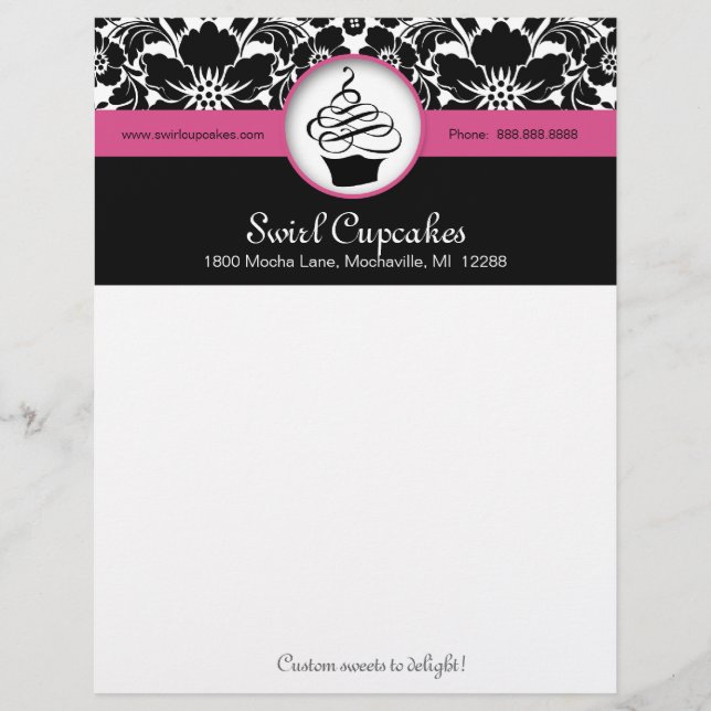 Bakery Cupcake Letterhead Pink Floral Damask (Front)