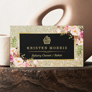 Bakery Cupcake Logo Floral Gold Glitter Sparkles Business Card