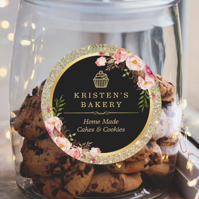 Bakery Cupcake Logo | Floral Gold Glitter Sparkles Classic Round Sticker (Creator Uploaded)