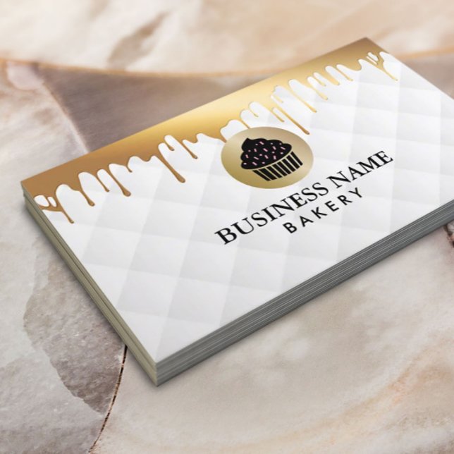 Bakery Cupcake Logo Gold Drips Elegant White Business Card (Creator Uploaded)
