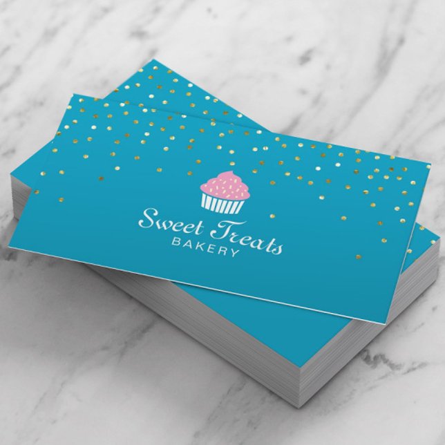 Bakery Cupcake Sweet Treats Confetti Turquoise Business Card (Creator Uploaded)