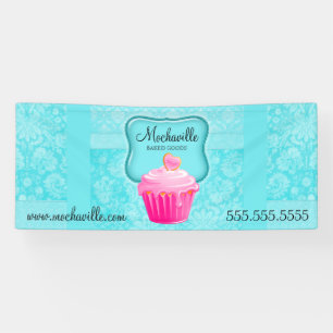 Bakery Cupcake Vintage Damask Aqua  Banner