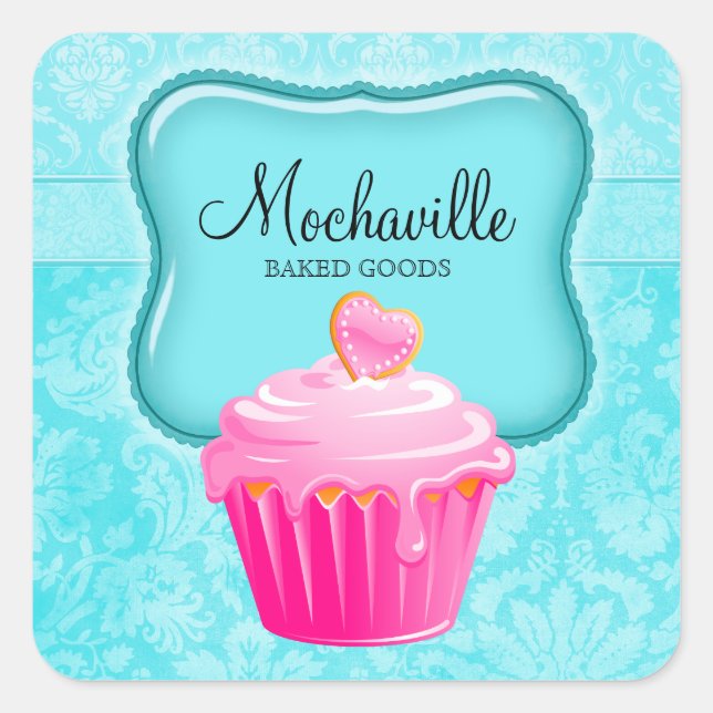 Bakery Cupcake Vintage Damask Aqua Square Sticker (Front)