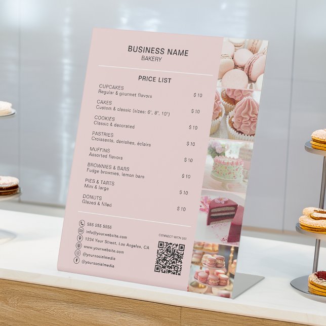 Bakery Custom Photo Social Media QR Price List Pedestal Sign (Bakery Custom Photo Social Media QR Price List Pedestal Sign by MINTIC DESIGN STUDIO)