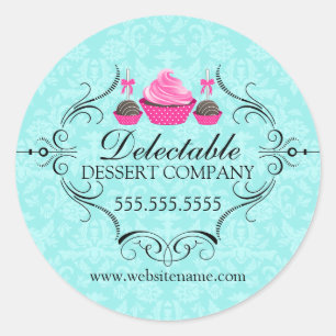 Bakery Damask Aqua Pink Cupcake Cake Pops Classic Round Sticker