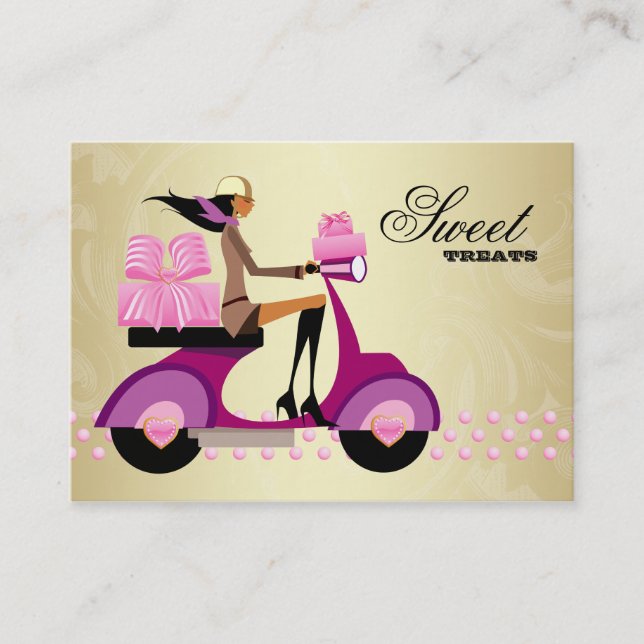 Bakery Gift Box Scooter Girl Pink Gold Icing Business Card (Front)