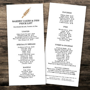 Bakery goods price list rack card