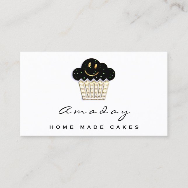  Bakery Home Made Cake Logo Muffin Smile Gold Business Card (Front)