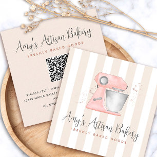 Bakery Kitchen Peach Mixer Beige Stripes QR Code Square Business Card