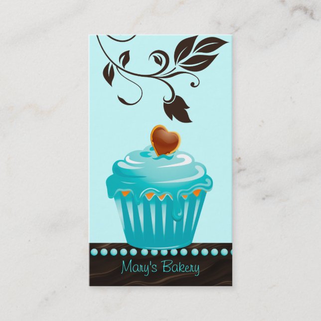 Bakery leaf cupcake blue chocolate brown business card (Front)