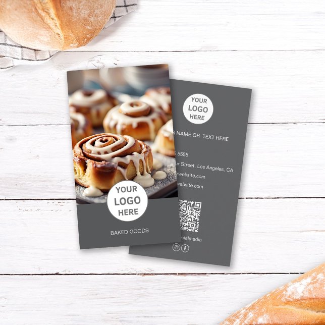 Bakery Logo Photo QR Code Dark Grey Business Card (Bakery Logo Photo QR Code Dark Gray Business Card)