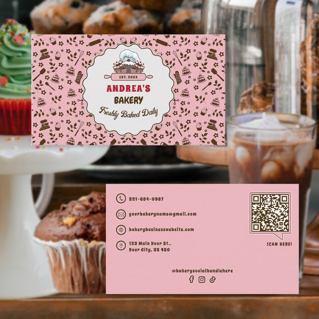 Bakery Logo & QR Code Cute Pastel Pink Custom  Business Card (Creator Uploaded)