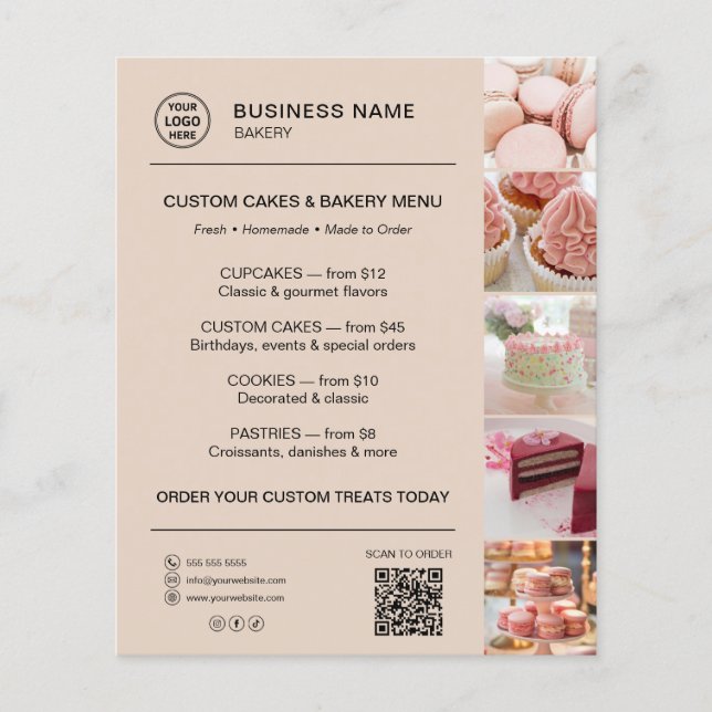 Bakery Menu Custom Logo QR Code Mocha Brown (Front)