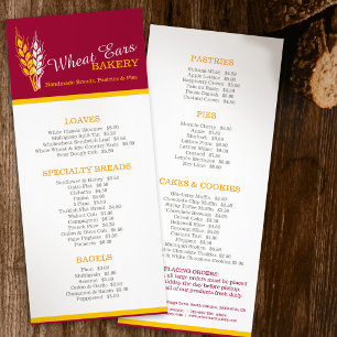Bakery Menus baked goods price list rack card