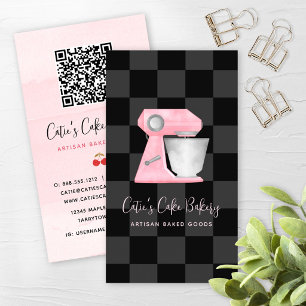 Bakery Mixer Blush Pink Black Chequered QR Code Business Card