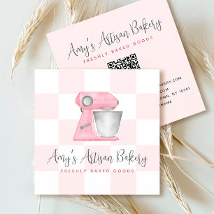 Bakery Mixer Blush Pink QR Code Chequerboard Chef Square Business Card