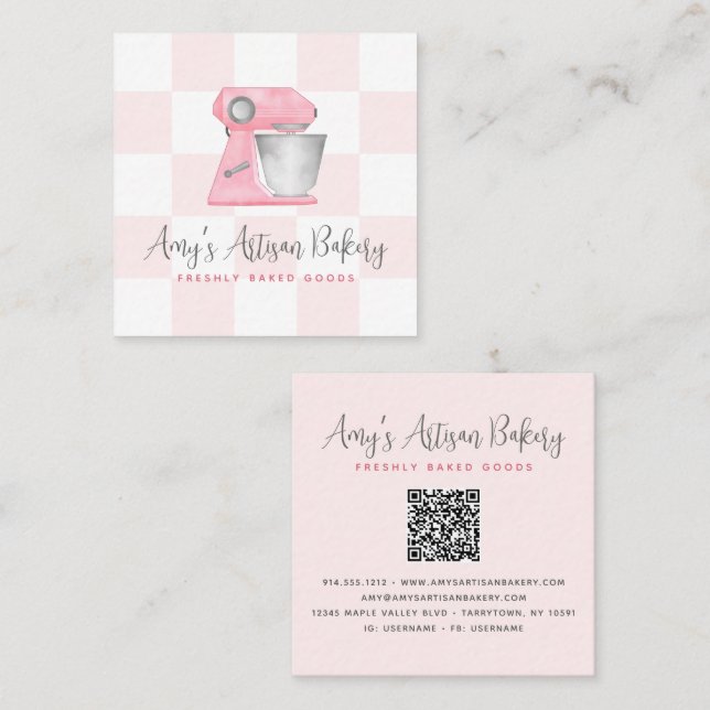 Bakery Mixer Blush Pink QR Code Chequerboard Chef Square Business Card (Front/Back)