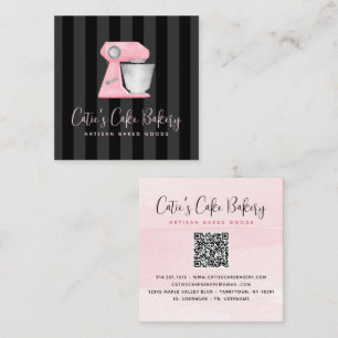 Bakery Mixer Blush Pink QR Code on Black Stripes Square Business Card