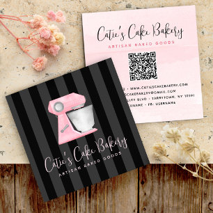 Bakery Mixer Blush Pink QR Code on Black Stripes Square Business Card