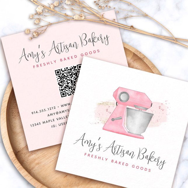 Bakery Mixer Blush Pink QR Code Pastry Chef Simple Square Business Card (Creator Uploaded)