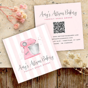 Bakery Mixer Blush Pink QR Code Stripes Pattern Square Business Card