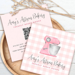 Bakery Mixer QR Code Blush Pink Gingham Pattern Square Business Card
