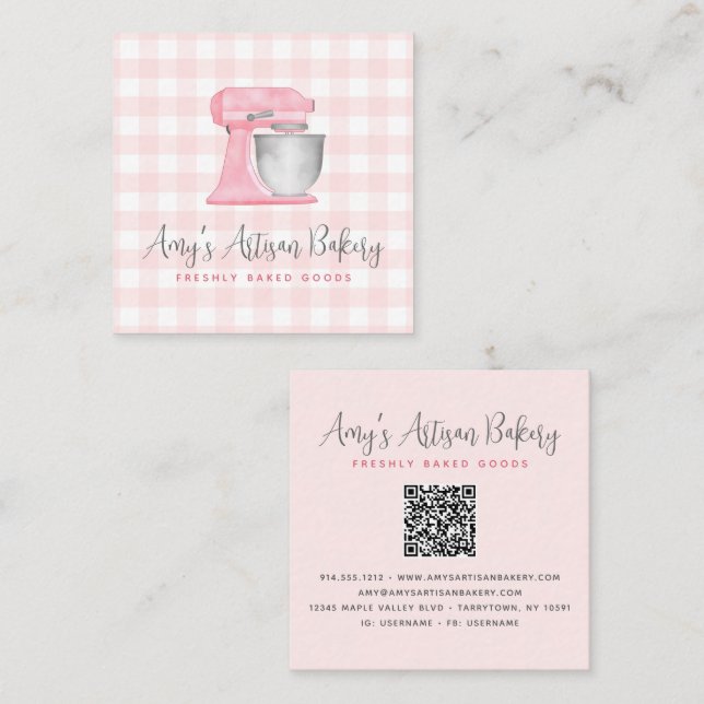 Bakery Mixer QR Code Blush Pink Gingham Pattern Square Business Card (Front/Back)