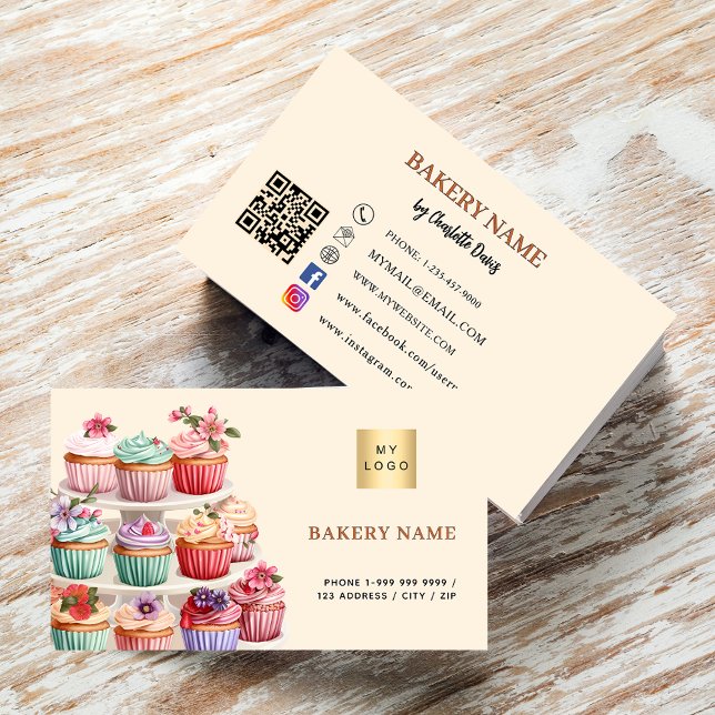 Bakery pastry beige cream pink QR code logo Business Card (Creator Uploaded)