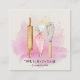Bakery Pastry Chef Baker Utensils Pink  Square Bus Business Card