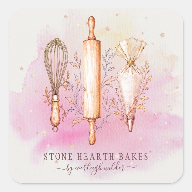 Bakery Pastry Chef Baker Utensils Pink  Square Sticker (Front)