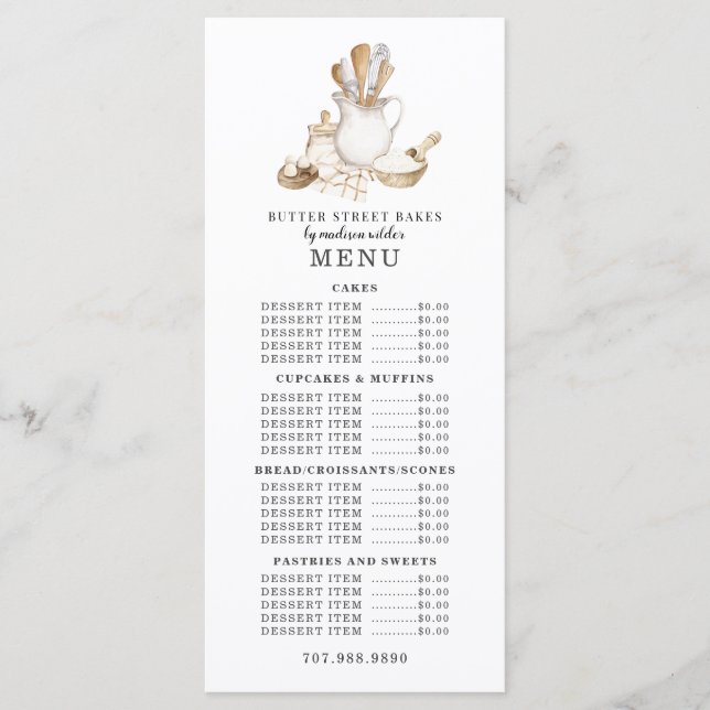 Bakery Pastry Chef Baking Utensils Menu Price List (Front)