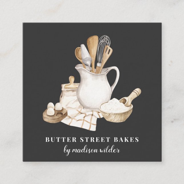 Bakery Pastry Chef Black Square Business Card (Front)