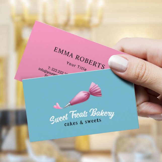 Bakery Pastry Chef Blue & Pink Piping Bag & Heart Business Card (Creator Uploaded)