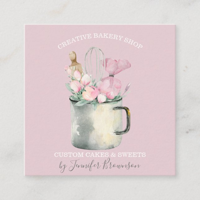 Bakery Pastry Chef Boho pink floral Square Business Card (Front)