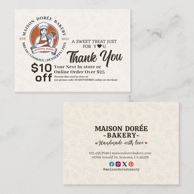 Bakery Pastry Chef Cake Baker Thank You Promo Code Discount Card (Front/Back)